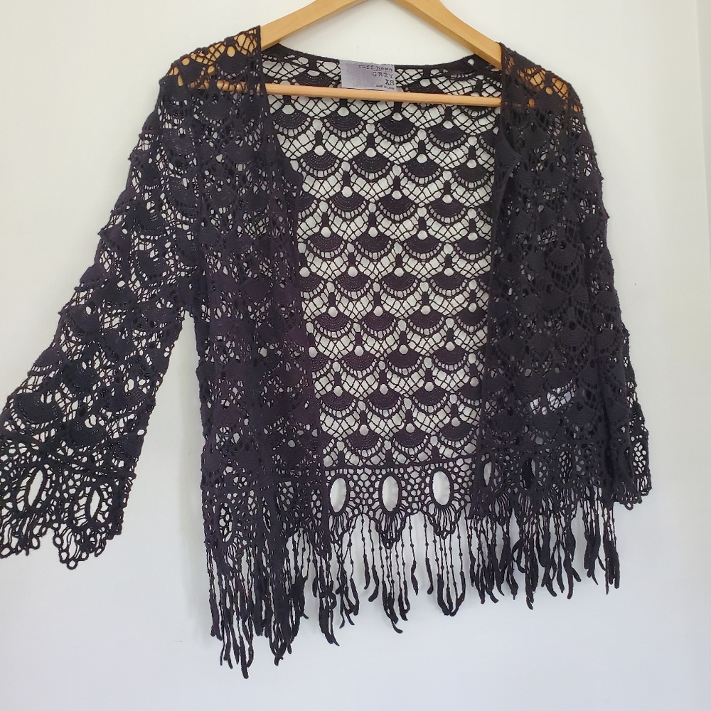 NWOT Sz XS Black Open Crochet Knit Open Style Cardigan Fringe 3/4 Sleeve BOHO